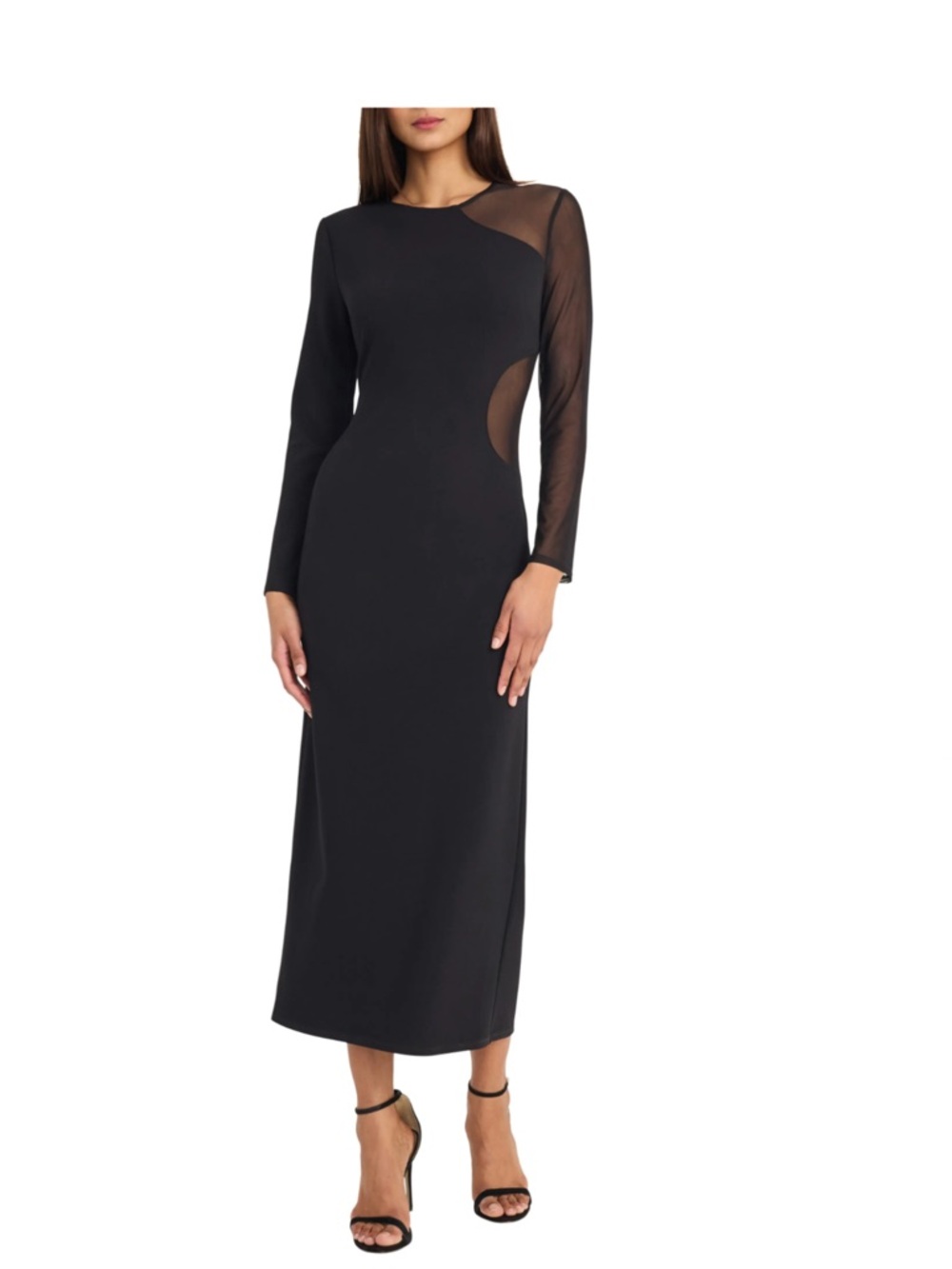 Black Mesh-Panel Long Sleeve Midi Dress